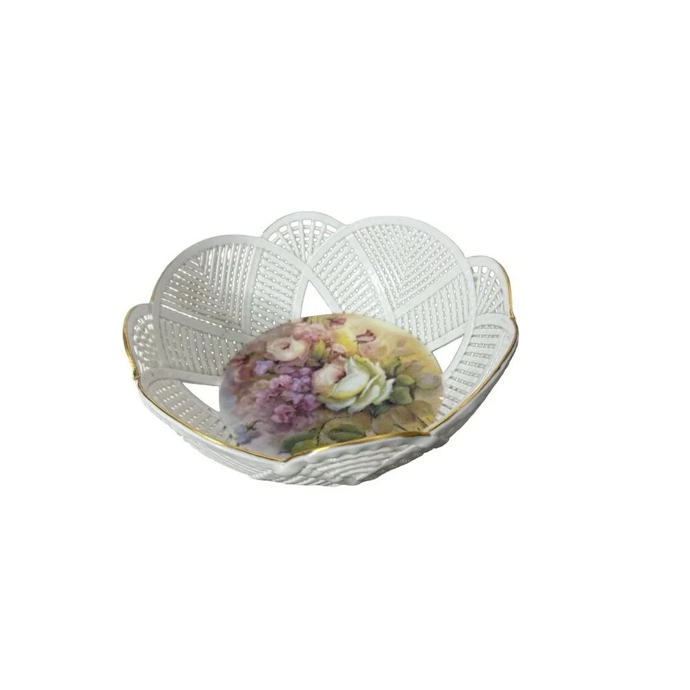 Vintage Porcelain Gold Trimed Bowl Reticulated Floral Liette Apulum Lucru Manual